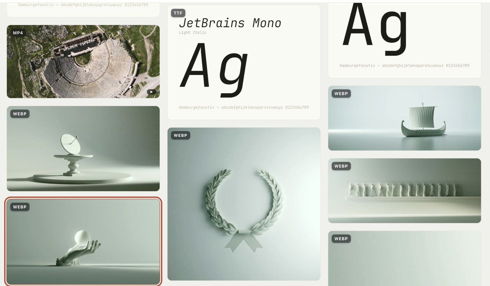 The Teserra masonry grid mixing a video, font specimens and images