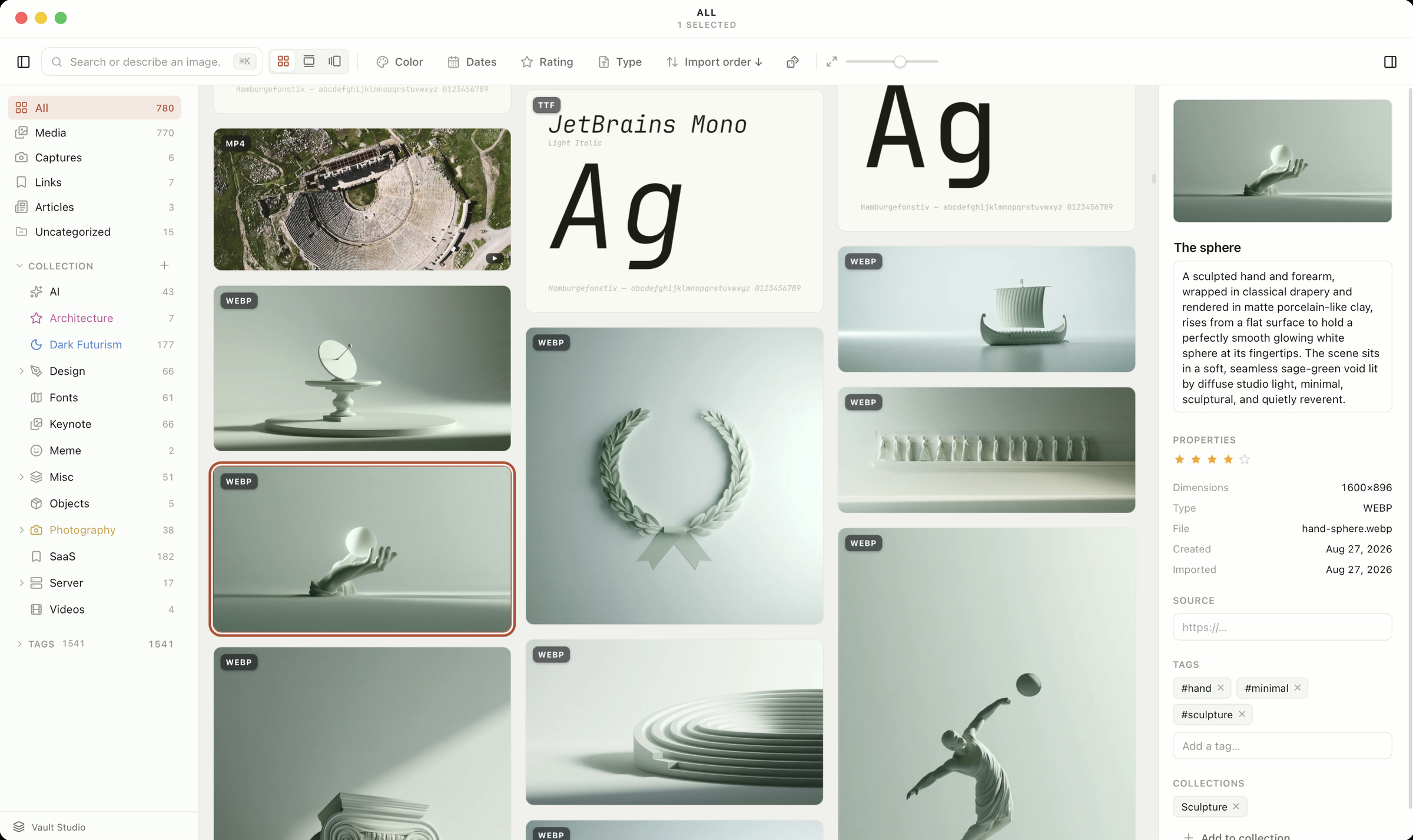 Teserra showing a cataloged library: a masonry grid of images, fonts and video, with the inspector open on a sculpture