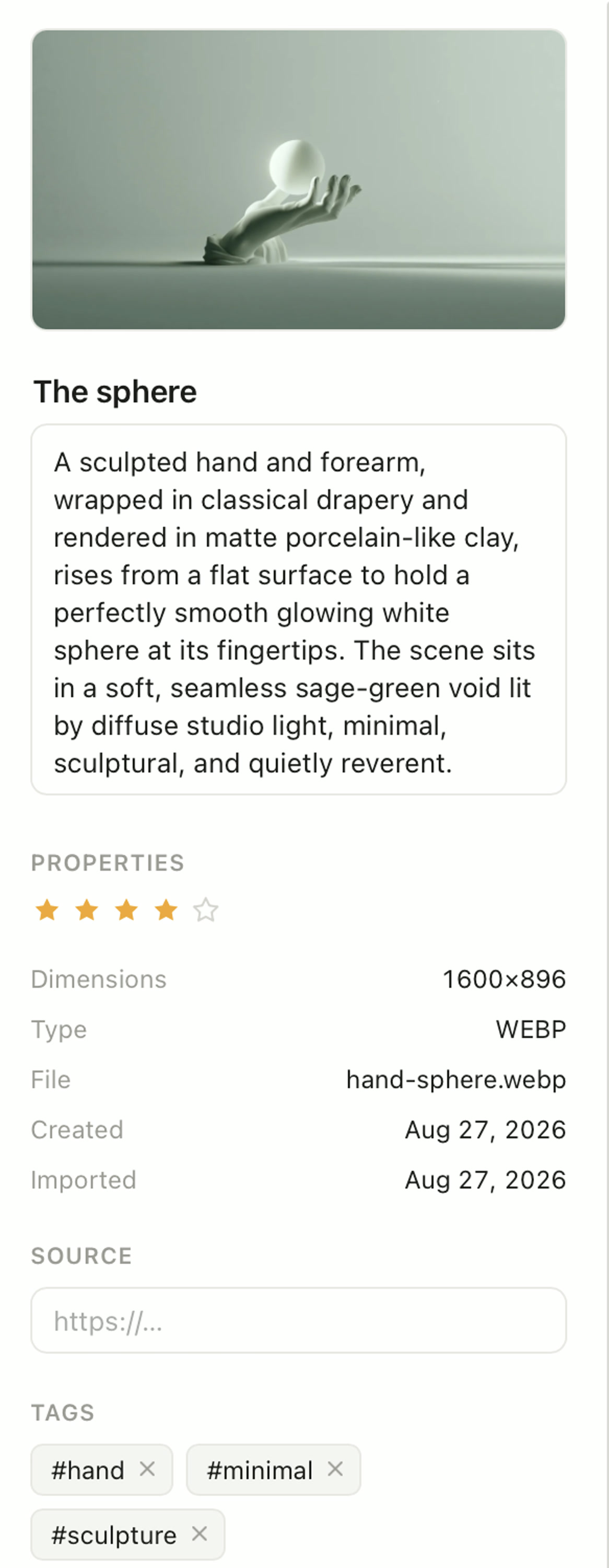 The Teserra inspector: title, description written by the Curator, rating, properties and tags