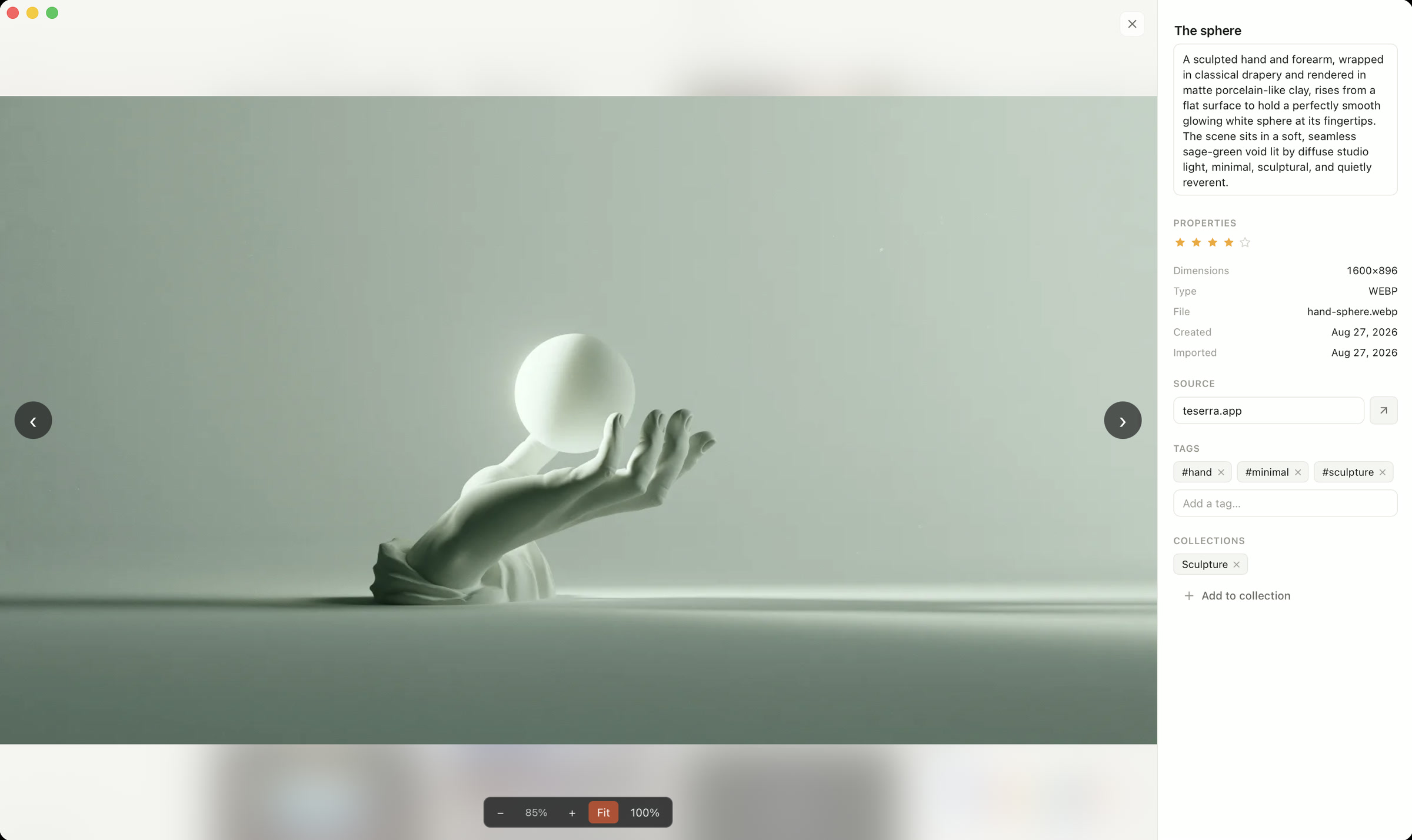 Teserra lightbox showing a sculpted hand holding a sphere, with title, description and tags in the inspector